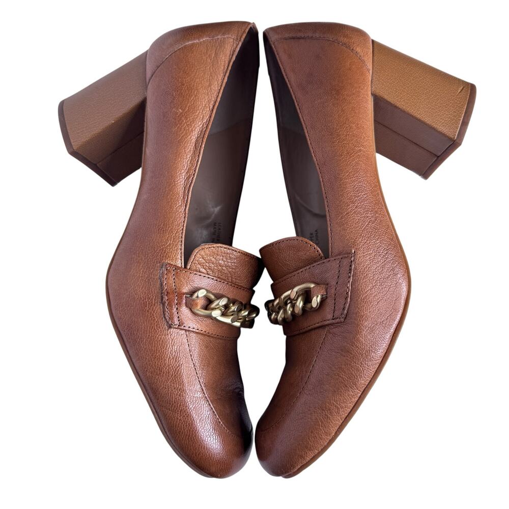 Tahari Brown Leather Chain Loafer Block Heel Pumps Womens Size 8.5 Cognac - Picture 2 of 16